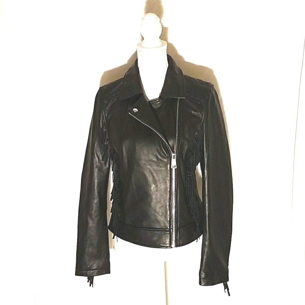 Amarylis Genuine Black Leather Fringe Moto Jacket Size L NWT